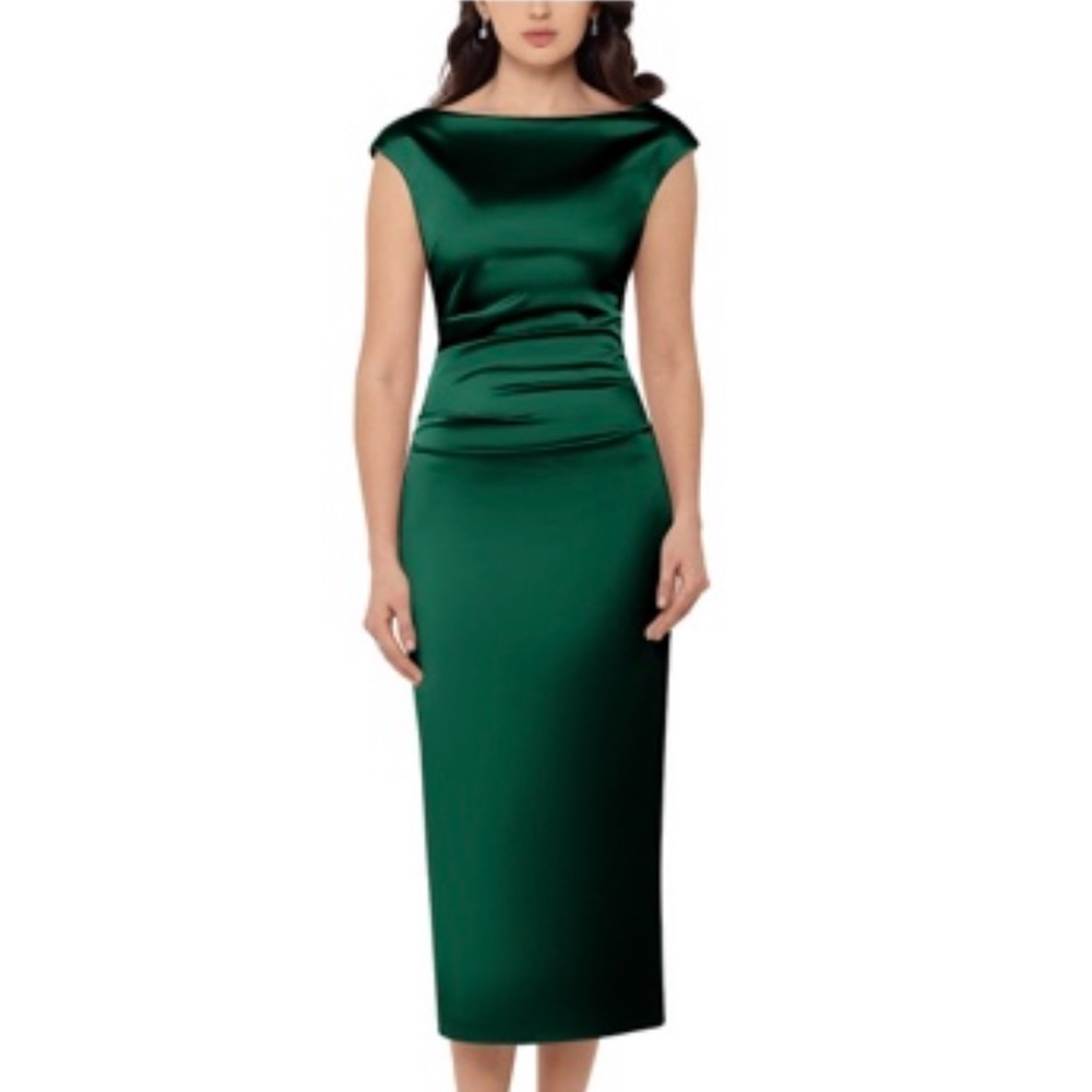 Betsy & Adam Emerald Midi Pleated V-Back Sheath Dress